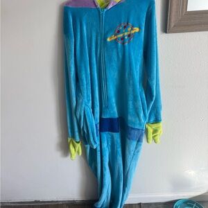 Blue Space-Themed Onesie with Green Accents